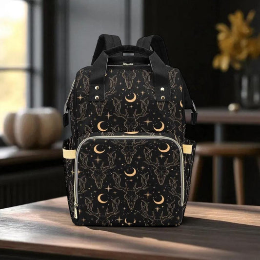Deer Skull Moon Backpack, Witchy Lunar Diaper Bag, Occult Travel Pack