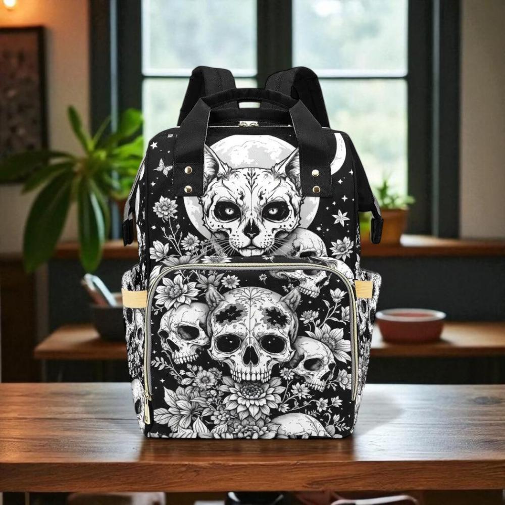 Occult Cat Skull Backpack, Witchy Diaper Bag, Gothic Floral Travel Pack