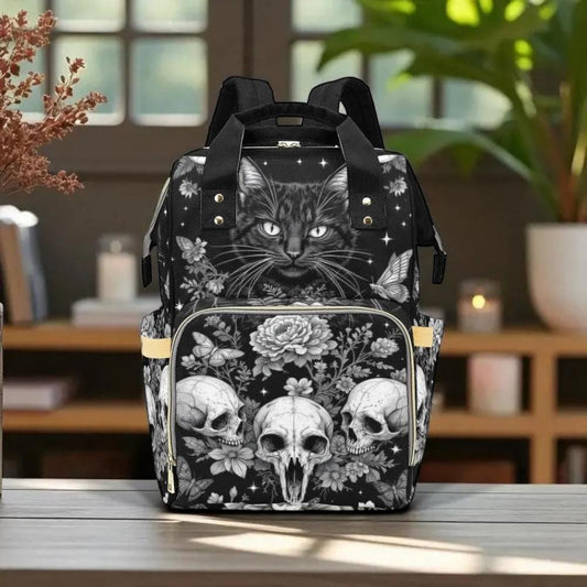 Skull Cat Floral Backpack, Dark Academia Bag, Witchy School Backpack