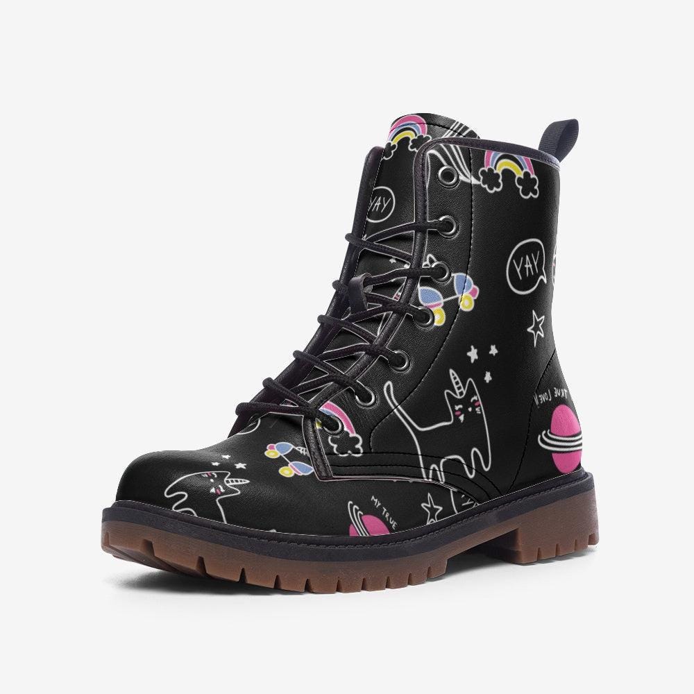 Cat Print Combat Boots, Whimsical Space Doodle Lace Ups, Cute Black Alt Boots