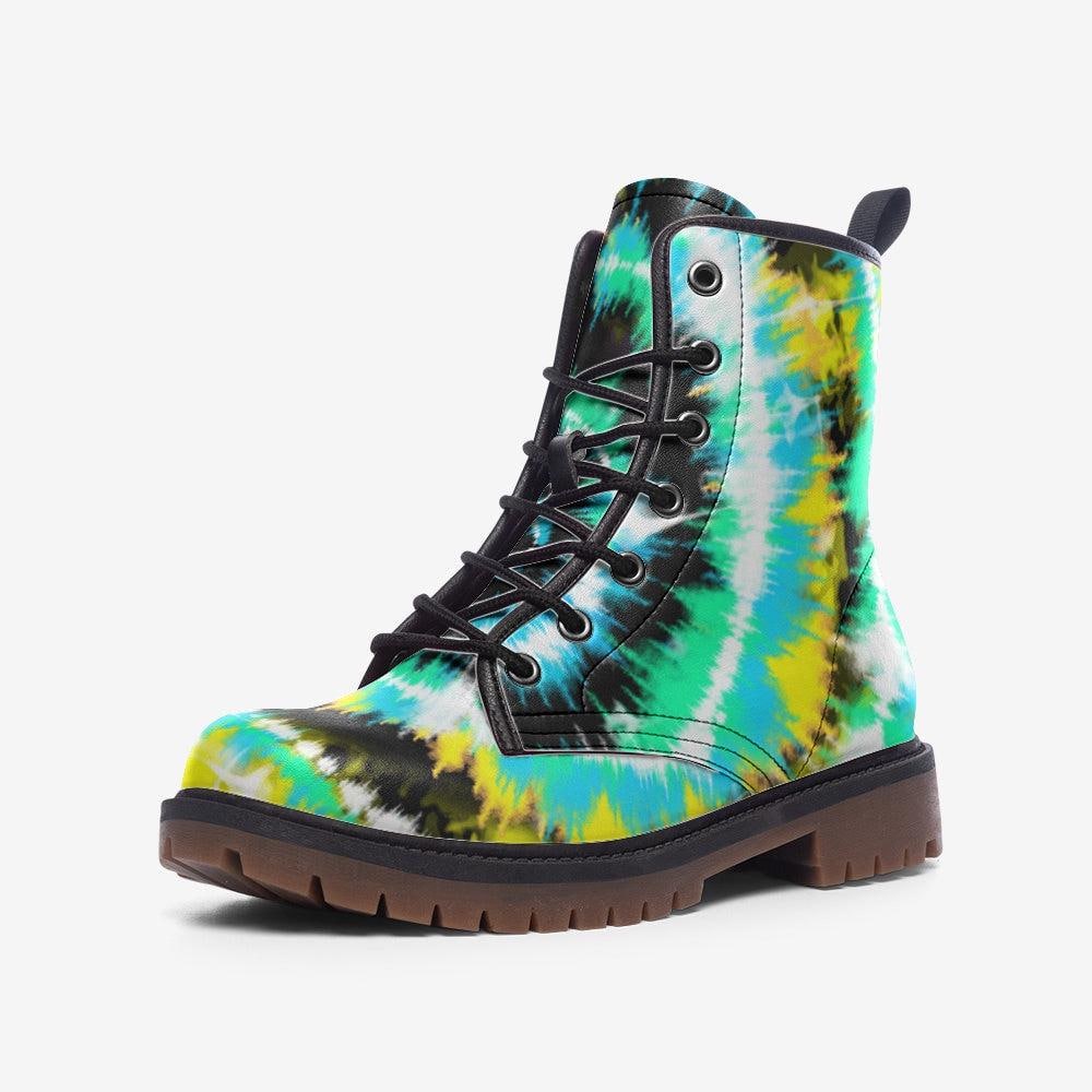 Psychedelic Ankle Boots, Green Aqua Spiral Lace Up Shoes for Retro Streetwear