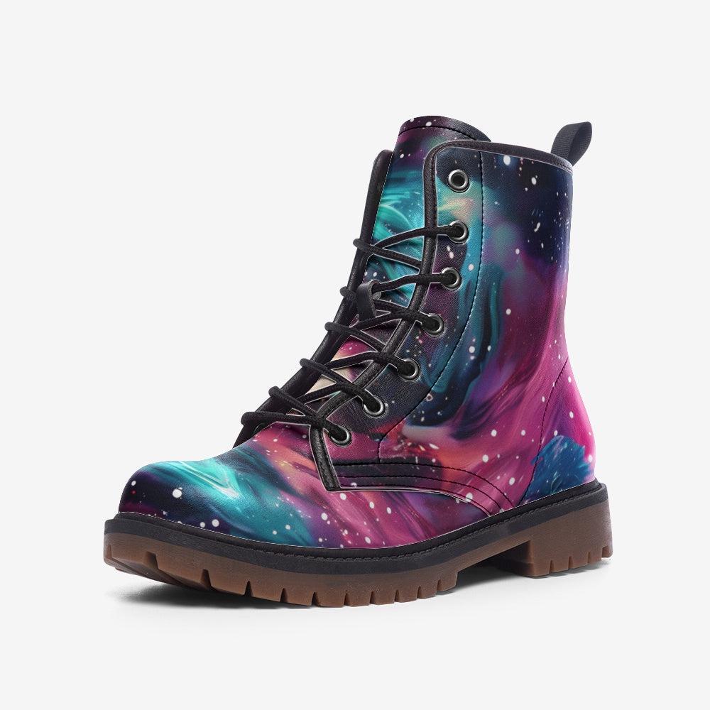 Galaxy Combat Boots, Nebula Lace Up Ankle Boots, Cosmic Space Grunge Festival Shoes