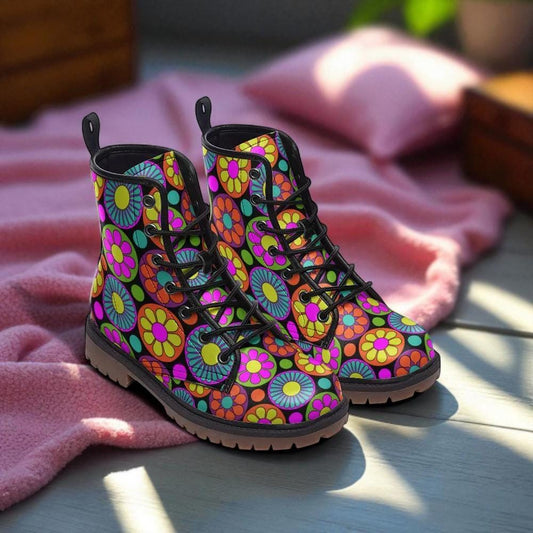 Psychedelic Daisy Boots, Festival Lace Up Shoes, Retro Rave Combat Boots, Vibrant Floral Footwear