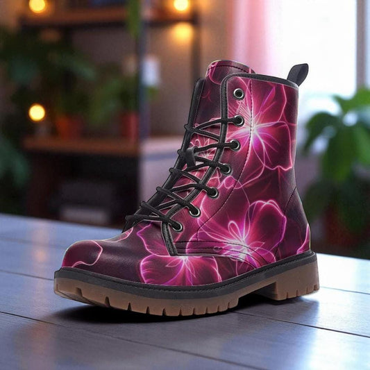 Neon Floral Combat Boots, Pink Glow Lace Up Shoes, Dark Botanical Statement Footwear