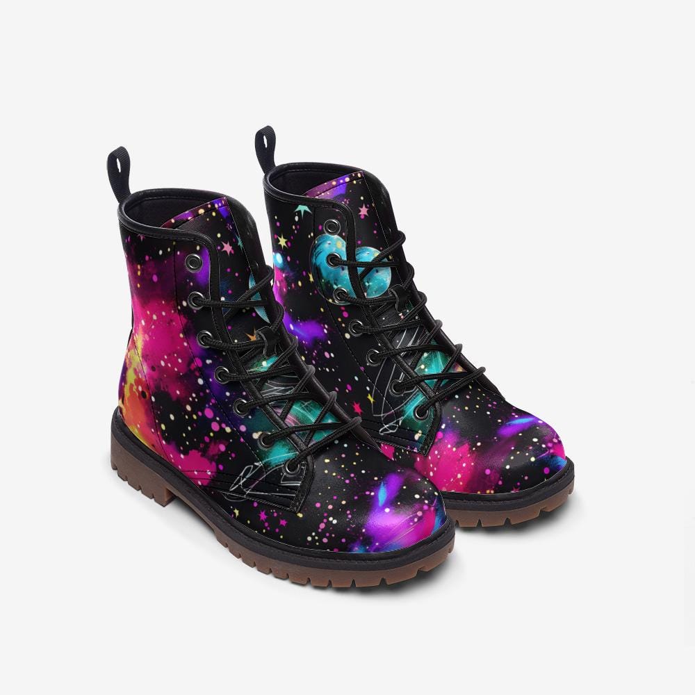 Galaxy Combat Boots, Neon Space Lace Up Shoes, Cosmic Grunge Festival Footwear