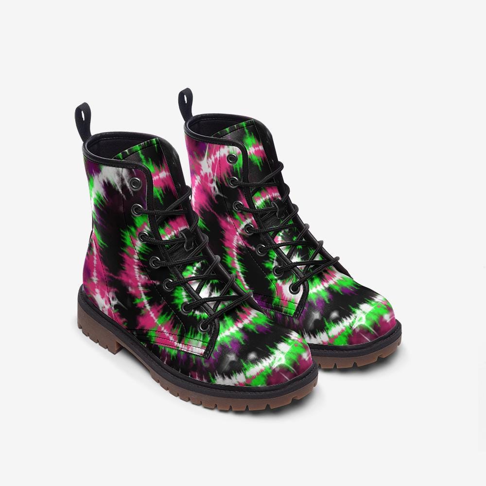 Tie Dye Combat Boots, Psychedelic Grunge Lace Up Shoes, Neon Rave Festival Footwear