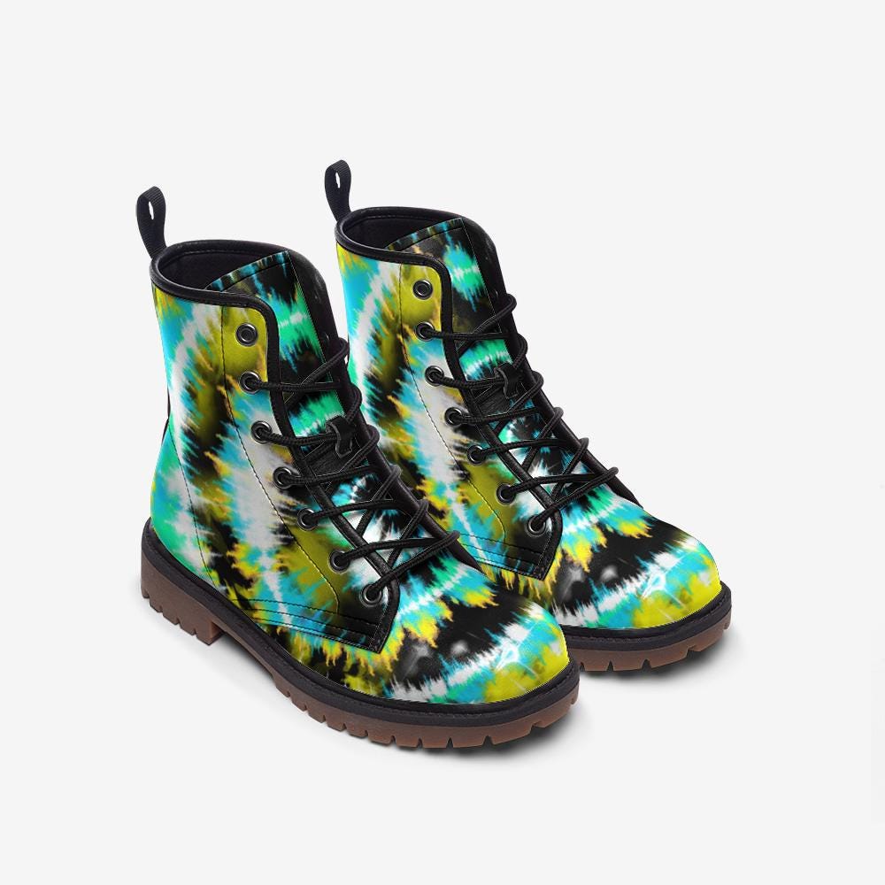Psychedelic Ankle Boots, Green Aqua Spiral Lace Up Shoes for Retro Streetwear