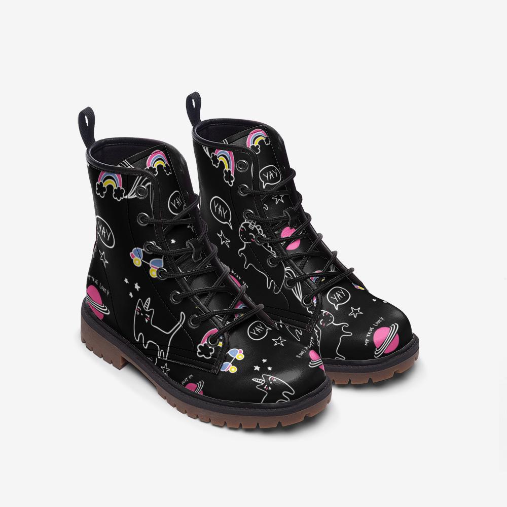 Cat Print Combat Boots, Whimsical Space Doodle Lace Ups, Cute Black Alt Boots