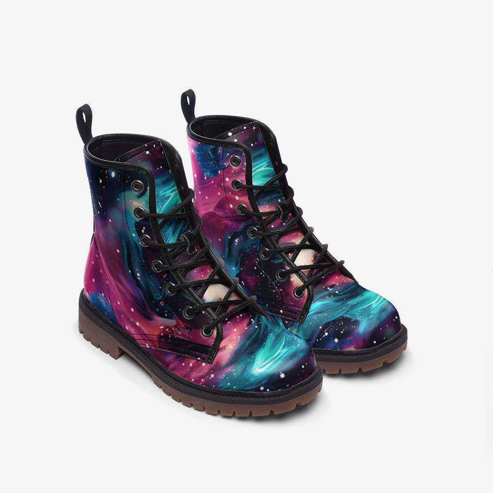 Galaxy Combat Boots, Nebula Lace Up Ankle Boots, Cosmic Space Grunge Festival Shoes