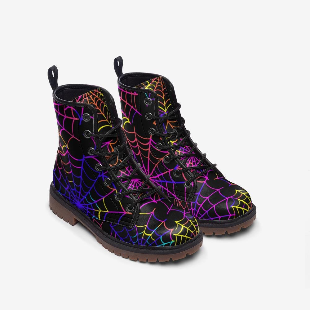 Spiderweb Combat Boots, Neon Halloween Lace Up Boots, Colorful Goth Festival Shoes