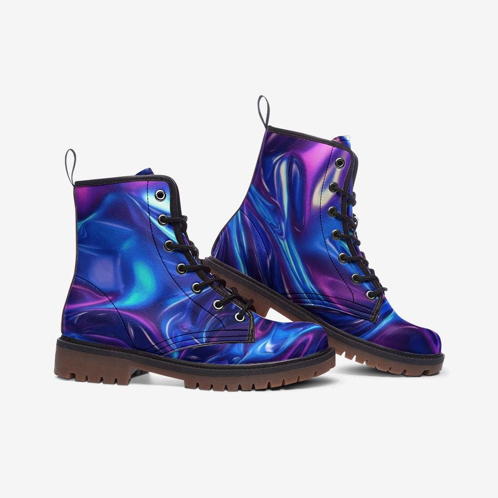 Holographic Combat Boots in Blue Purple Iridescent Finish for Rave Festival Outfits