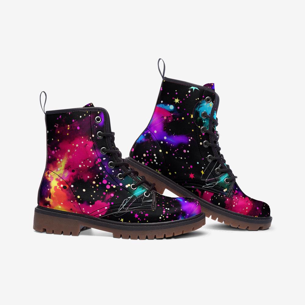 Galaxy Combat Boots, Neon Space Lace Up Shoes, Cosmic Grunge Festival Footwear