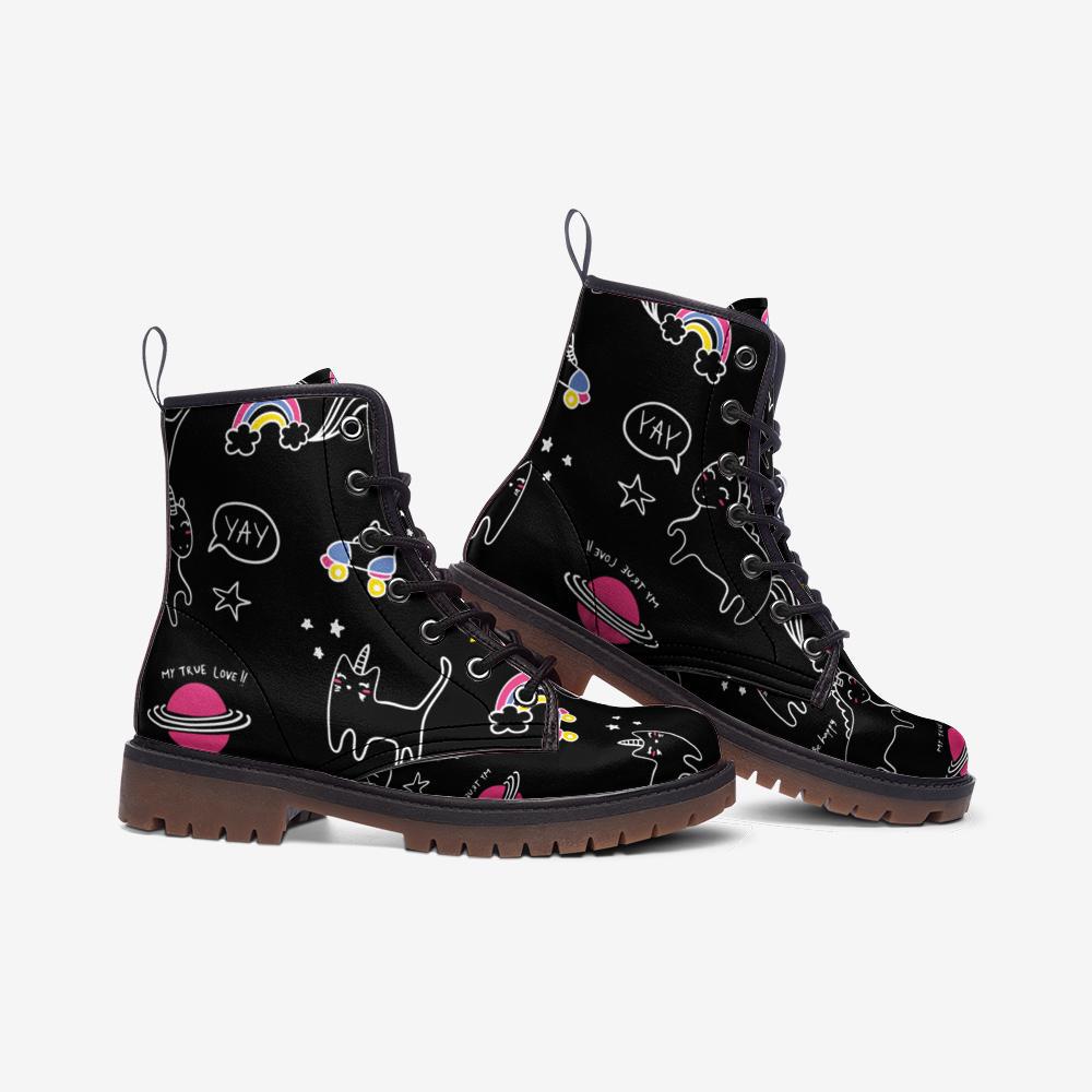 Cat Print Combat Boots, Whimsical Space Doodle Lace Ups, Cute Black Alt Boots