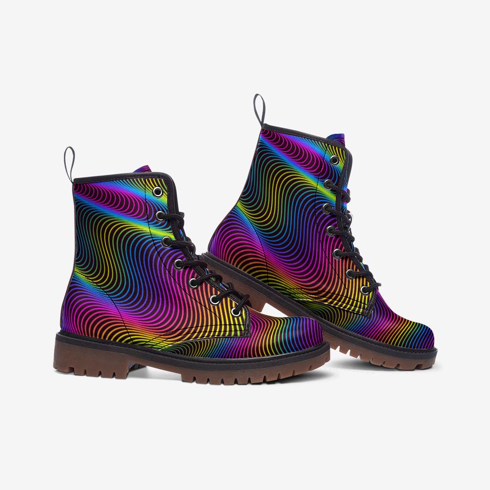 Psychedelic Combat Boots, Rainbow Wave Lace Up Shoes, Trippy Streetwear Footwear