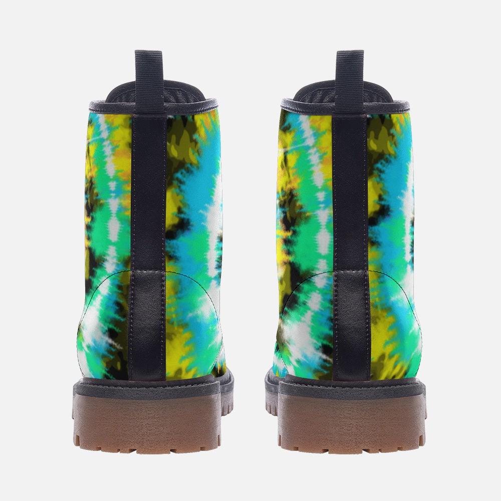 Psychedelic Ankle Boots, Green Aqua Spiral Lace Up Shoes for Retro Streetwear