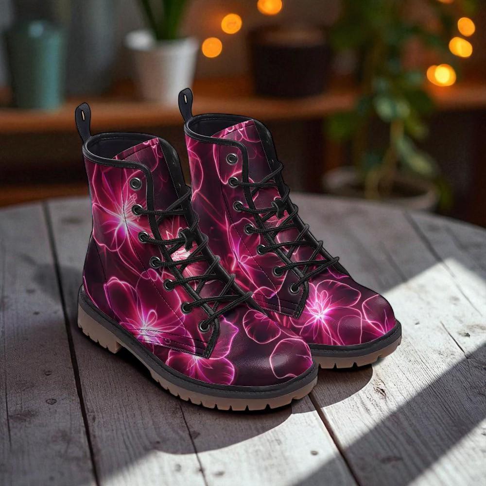 Neon Floral Combat Boots, Pink Glow Lace Up Shoes, Dark Botanical Statement Footwear
