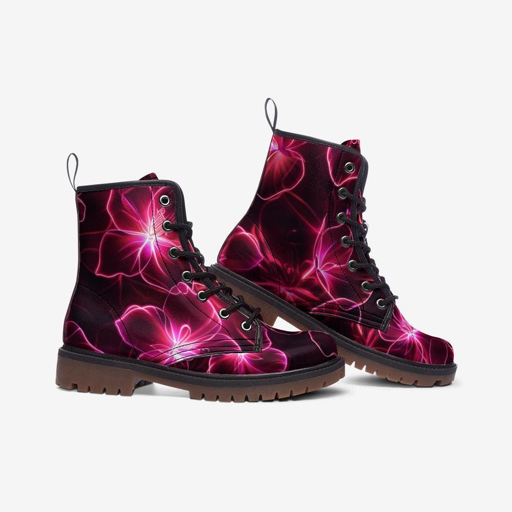Neon Floral Combat Boots, Pink Glow Lace Up Shoes, Dark Botanical Statement Footwear
