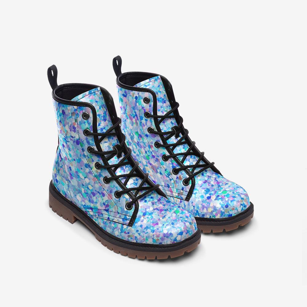 Pastel Glitter Boots, Blue Speckled Combat Shoes, Fairy Grunge Lace Up Ankle Boots