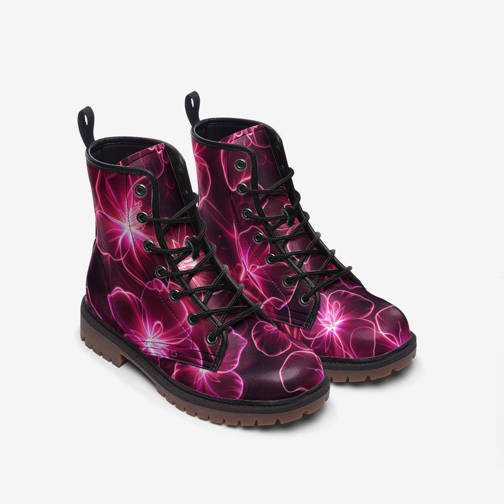 Neon Floral Combat Boots, Pink Glow Lace Up Shoes, Dark Botanical Statement Footwear