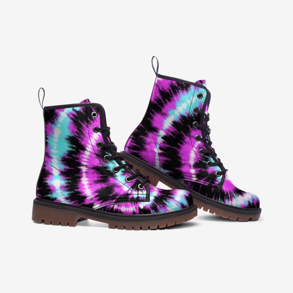 Tie Dye Combat Boots, Pink Teal Pastel Goth Lace Up Ankle Shoes