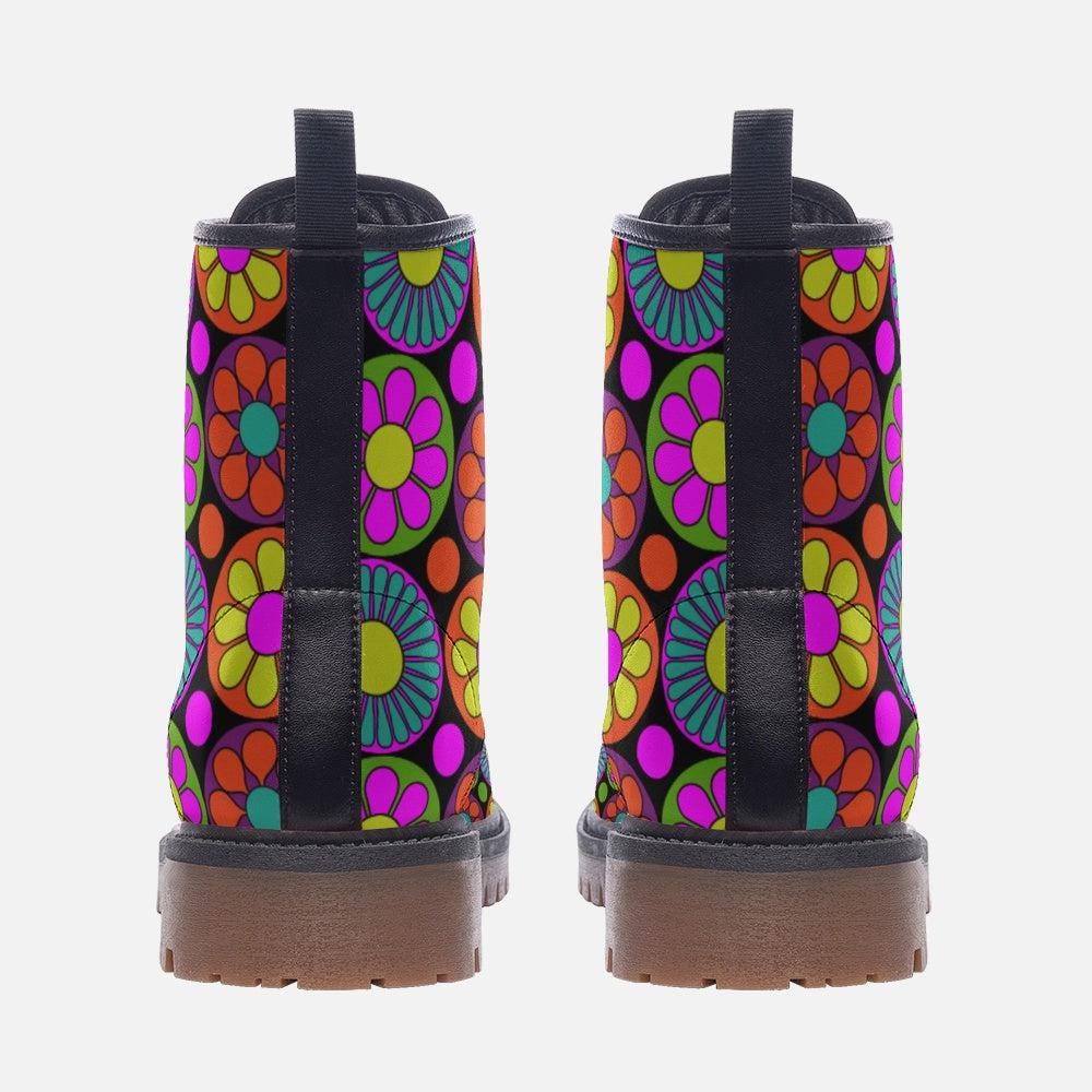 Psychedelic Daisy Boots, Festival Lace Up Shoes, Retro Rave Combat Boots, Vibrant Floral Footwear