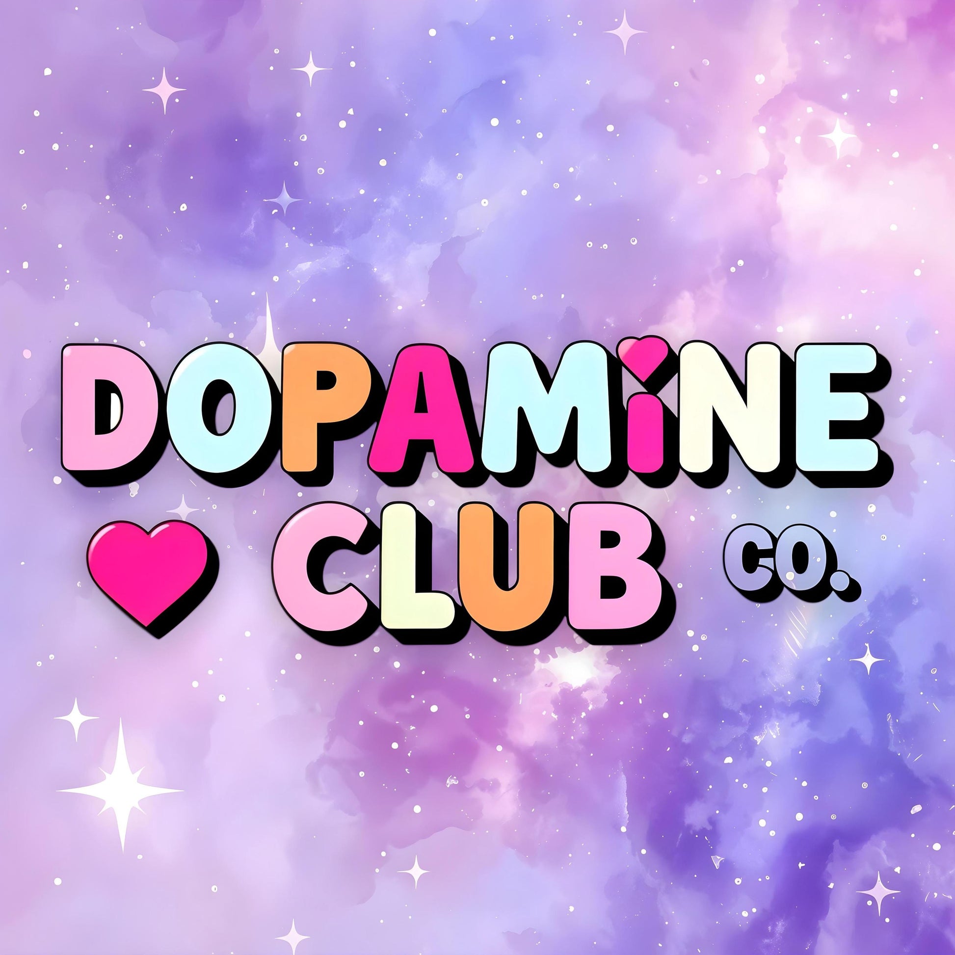 a colorful and whimsical design with the text "DOPAMINE CLUB CO." prominently displayed against a starry purple and pink background.
