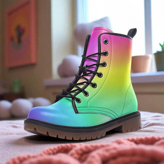 Rainbow Ombré Combat Boots, UV Reactive Festival Footwear, Astrocore Rave Shoes