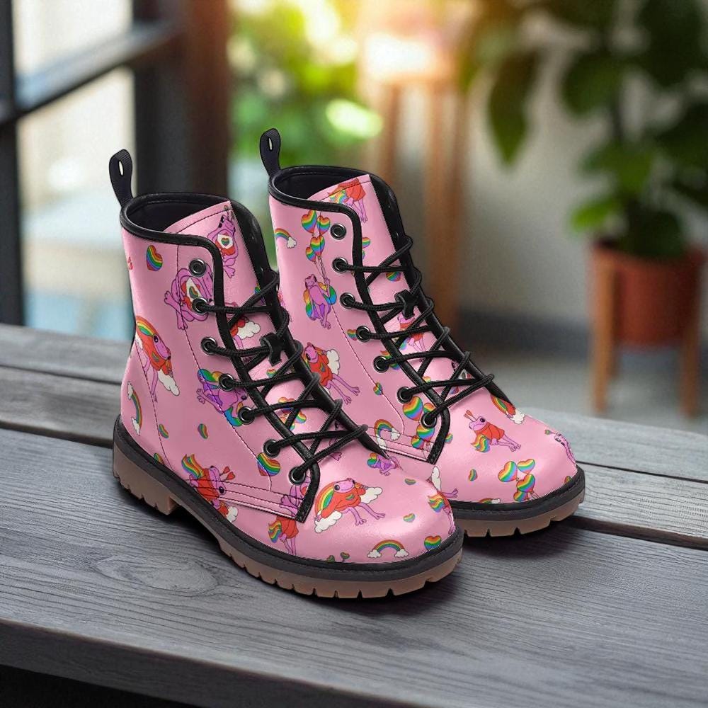 Kawaii Frog Lace Up Boots in Pink with Rainbow Print for Cute Dopamine Dressing