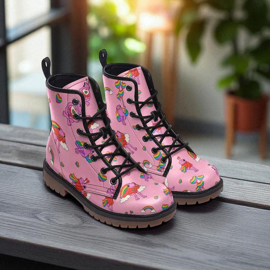 Kawaii Frog Lace Up Boots in Pink with Rainbow Print for Cute Dopamine Dressing
