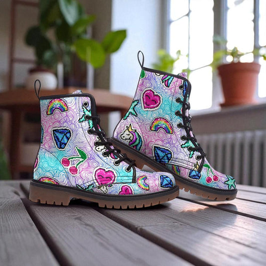 Kawaii Combat Boots, Pastel Rainbow Heart Shoes, Cute Y2K Aesthetic Footwear