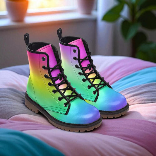 Rainbow Ombré Combat Boots, UV Reactive Festival Footwear, Astrocore Rave Shoes