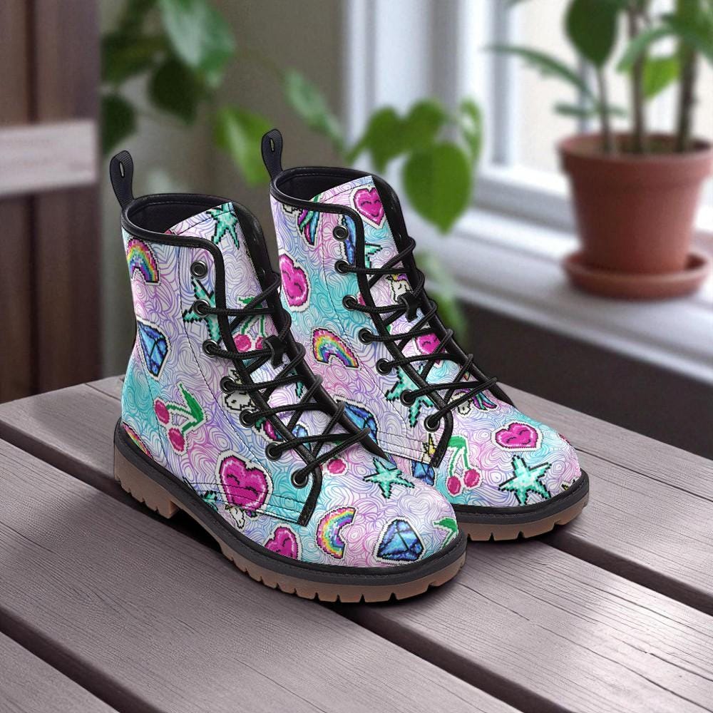 Kawaii Combat Boots, Pastel Rainbow Heart Shoes, Cute Y2K Aesthetic Footwear
