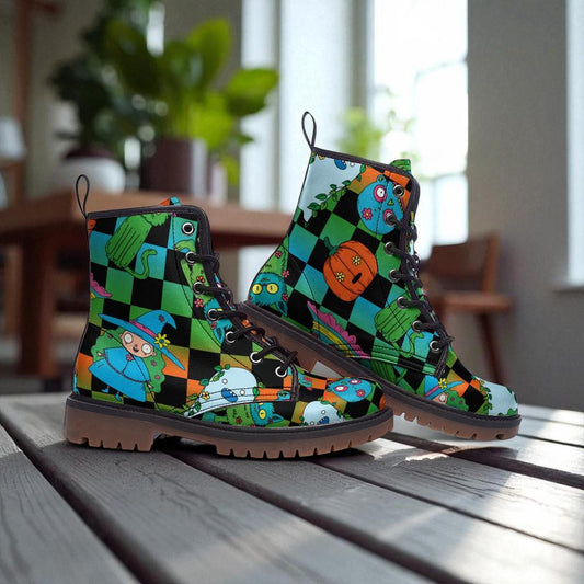 Halloween Checkerboard Boots Spooky Cute Pumpkin Ghost Goth Ankle Shoes