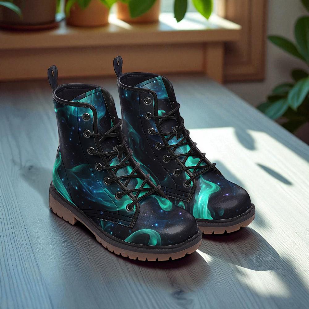 Galaxy Lace Up Boots, Teal Nebula Shoes, Cosmic Streetwear Footwear