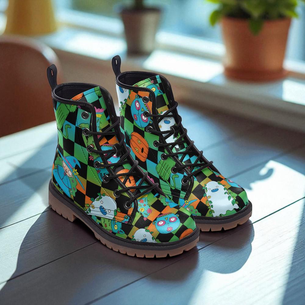 Halloween Checkerboard Boots Spooky Cute Pumpkin Ghost Goth Ankle Shoes