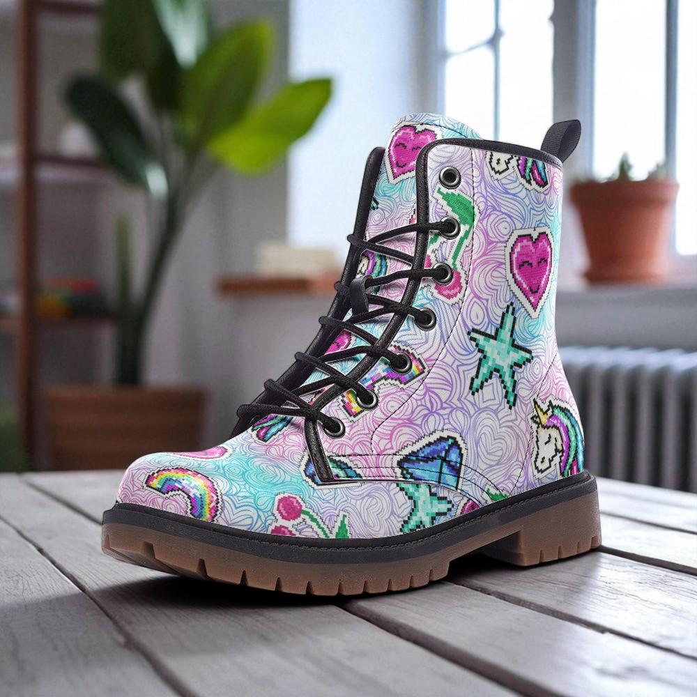 Kawaii Combat Boots, Pastel Rainbow Heart Shoes, Cute Y2K Aesthetic Footwear