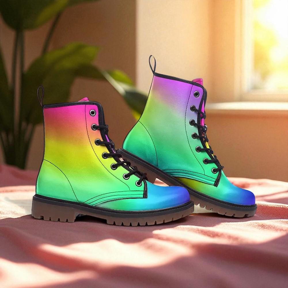 Rainbow Ombré Combat Boots, UV Reactive Festival Footwear, Astrocore Rave Shoes