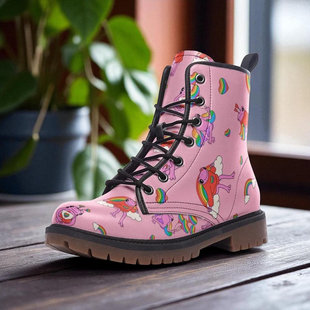 Kawaii Frog Lace Up Boots in Pink with Rainbow Print for Cute Dopamine Dressing