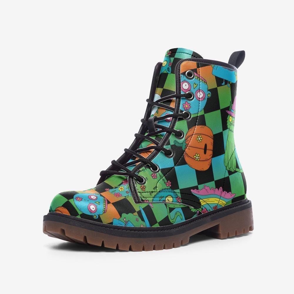 Halloween Checkerboard Boots Spooky Cute Pumpkin Ghost Goth Ankle Shoes