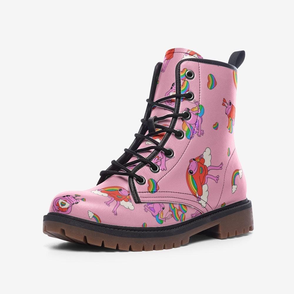 Kawaii Frog Lace Up Boots in Pink with Rainbow Print for Cute Dopamine Dressing