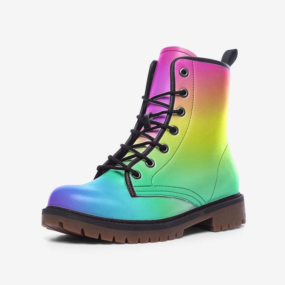 Rainbow Ombré Combat Boots, UV Reactive Festival Footwear, Astrocore Rave Shoes