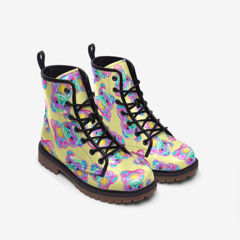 Psychedelic Ankle Boots, Green Aqua Spiral Lace Up Shoes for Retro Streetwear