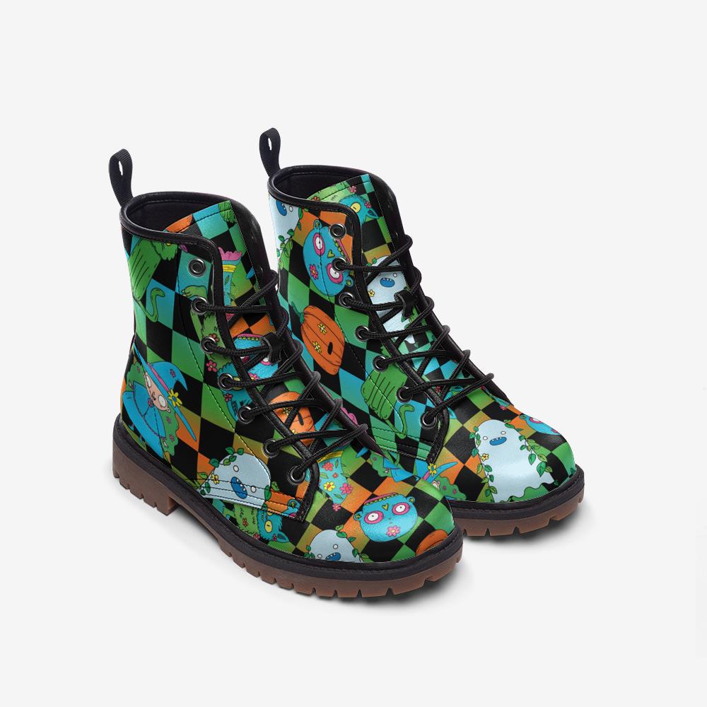 Halloween Checkerboard Boots Spooky Cute Pumpkin Ghost Goth Ankle Shoes