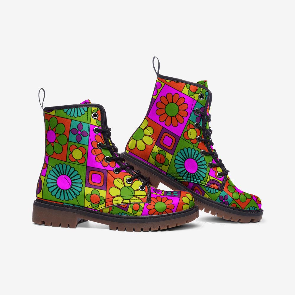 Psychedelic Daisy Vegan Leather Combat Boots: 70s Rave Festival Footwear