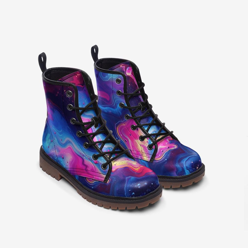 Combat Boots Galaxy Abstract Neon Swirl Lace Up Festival Grunge Shoes