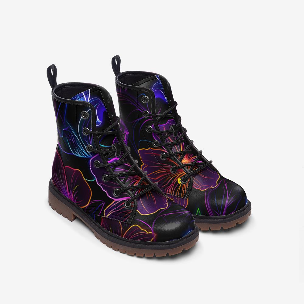 Floral Combat Boots, Neon Lace Up Festival Boots, Black Edgy Streetwear Shoes