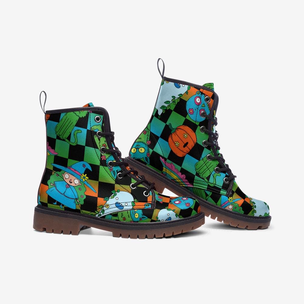 Halloween Checkerboard Boots Spooky Cute Pumpkin Ghost Goth Ankle Shoes