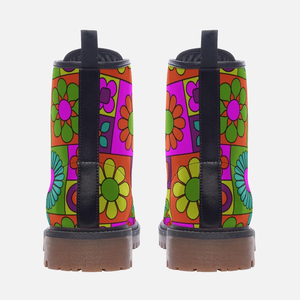 Psychedelic Daisy Vegan Leather Combat Boots: 70s Rave Festival Footwear