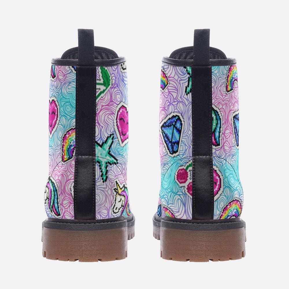 Kawaii Combat Boots, Pastel Rainbow Heart Shoes, Cute Y2K Aesthetic Footwear
