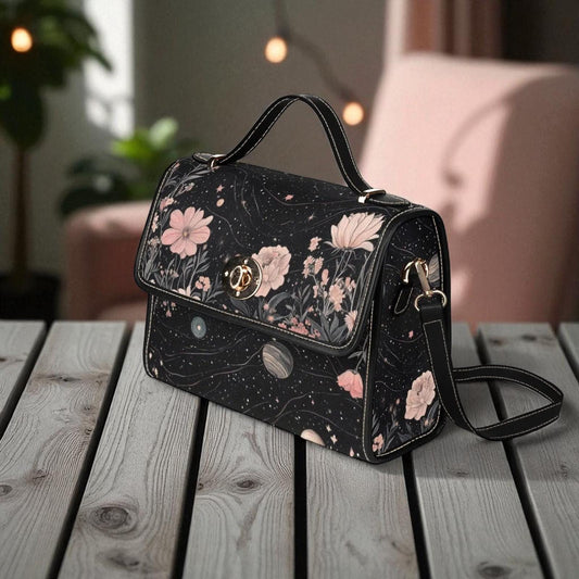 Floral Cosmos Satchel, Celestial Botanical Purse, Astrology Galaxy Bag